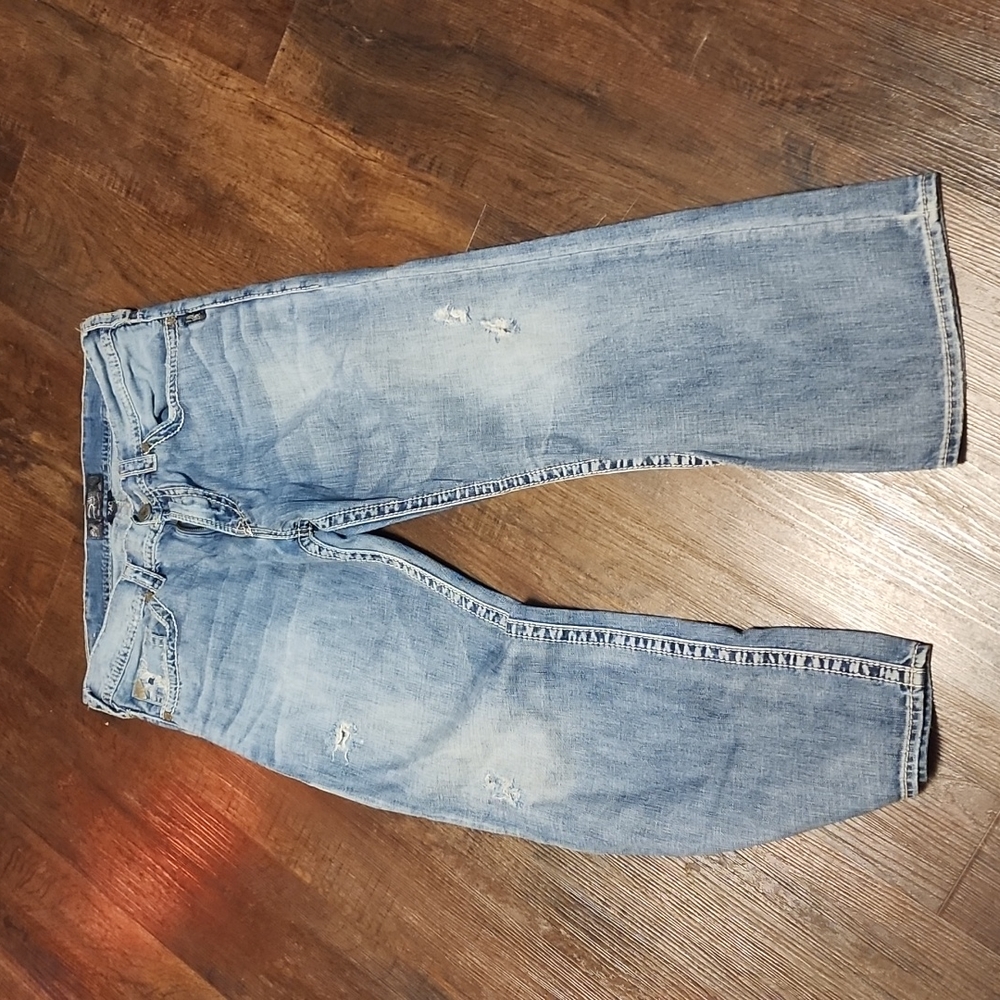 Silver Zac Well Worn Distressed Light Wash Embroidered Bootcut Boot Jeans 36 30